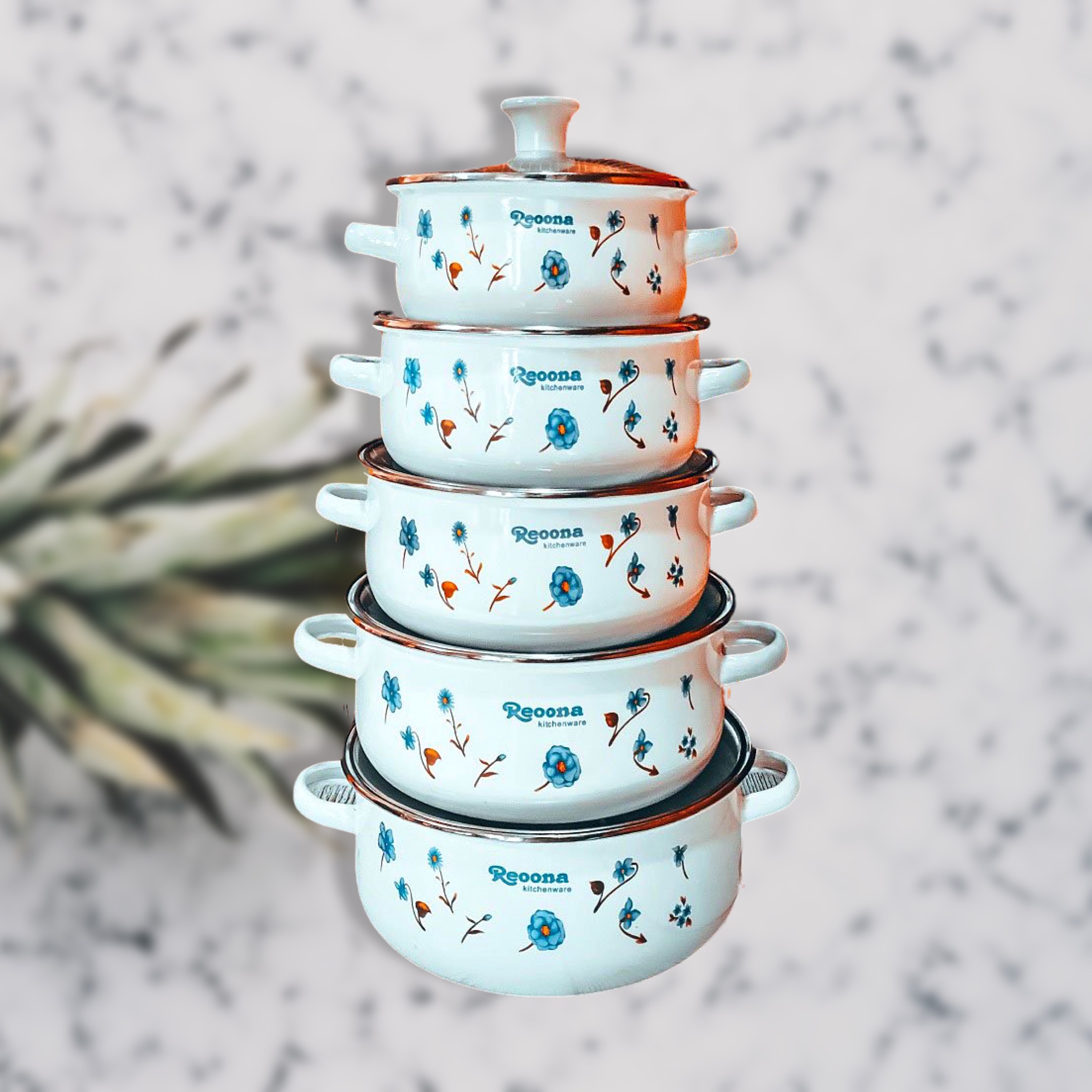 Bộ 5 nồi Tráng Men Chống Dính Ceramic Cao Cấp Perfect Reoona Nắp Thủy Tinh Sử Dụng Tất Cả Các Loại Bếp Siz Từ 16 18 20 22 24cm Hoa Văn Đẹp Sang trọng