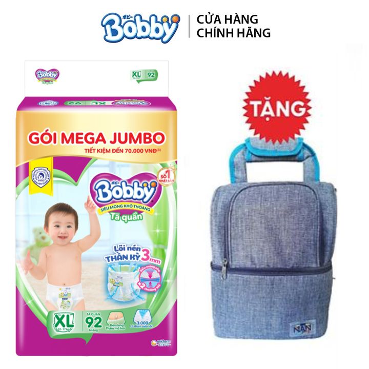 Tã/bỉm quần Bobby siêu thấm khô thoáng Mega Jumbo XL92