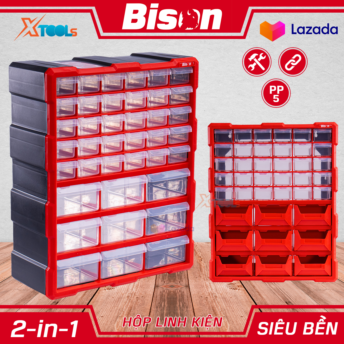 Bộ 2 hộp đựng linh kiện đa năng BISON, tủ nhựa đựng đồ nghề nhiều ngăn chất liệu nhựa nguyên sinh PP5 chống va đập, hộp nhựa đựng dụng cụ đồ nghề, ốc vít, linh kiện điện tử