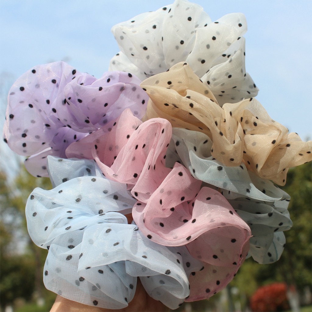 Dây cột tóc scrunchies vải lưới nền chấm bi nhỏ buta