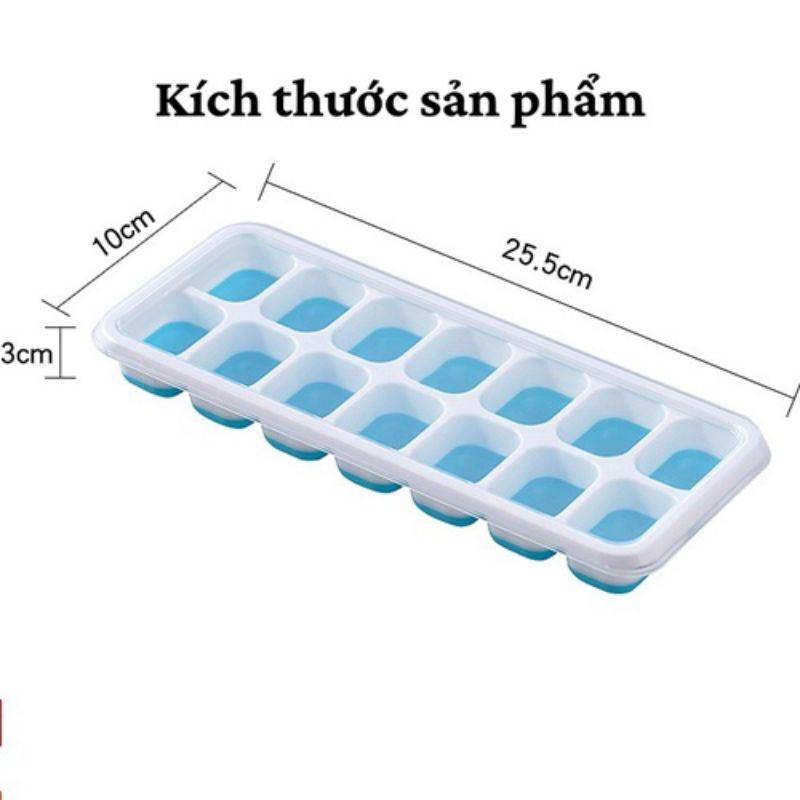 Khay làm đá, làm thach 14 ô có nắp Khay làm đá có nắp đậy mút Silicon chống dính dạng viên chữ nhật bảo quản chống mùi, Khay làm đá silicon 14 ô có nắp đậy