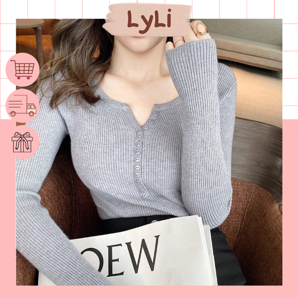 Áo len tăm cổ v đính cúc ngực, hàng quảng châu- 003