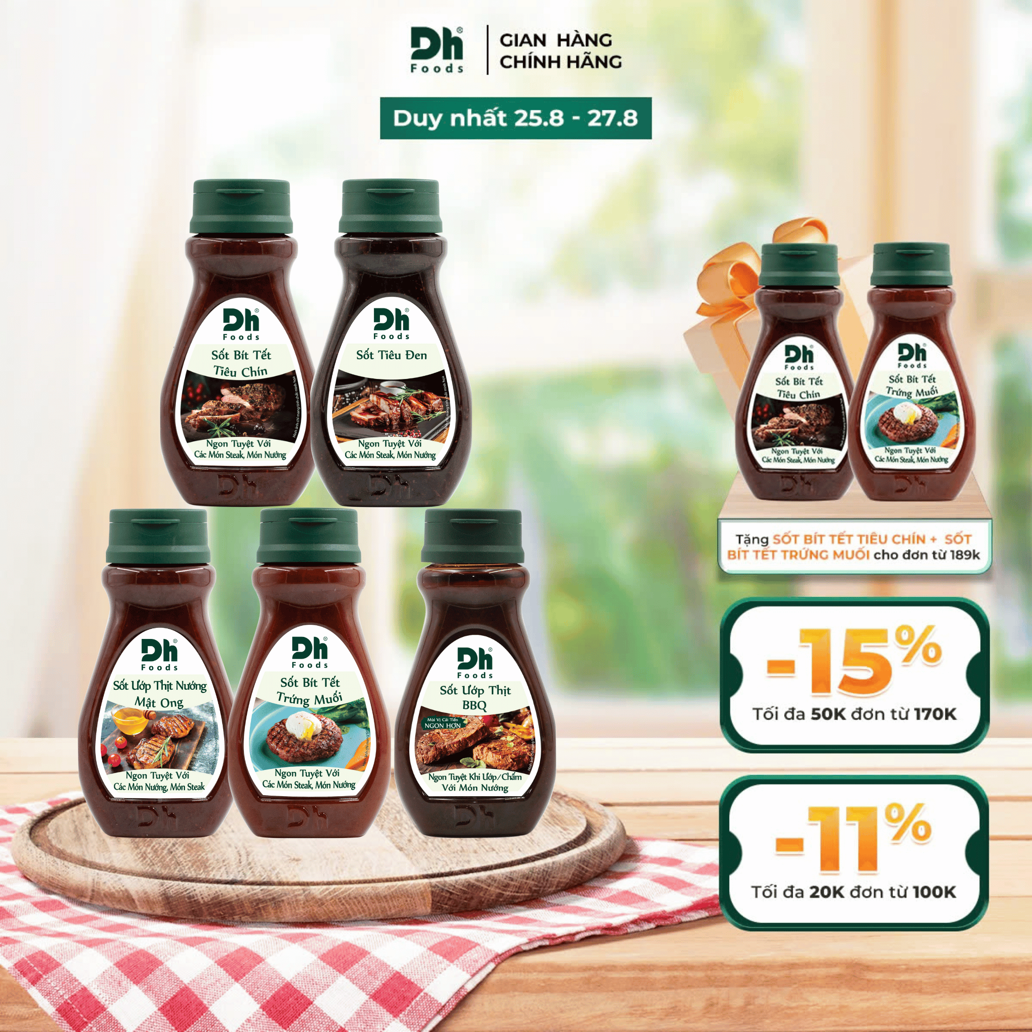 Bộ Sốt Gia Vị Chấm Ướp Thịt Nướng BBQ Dh Foods 200g (Sốt BBQ, Sốt Tiêu Đen, Sốt thịt nướng mật ong, Sốt bít tết tiêu chín, sốt bít tết trứng muối)