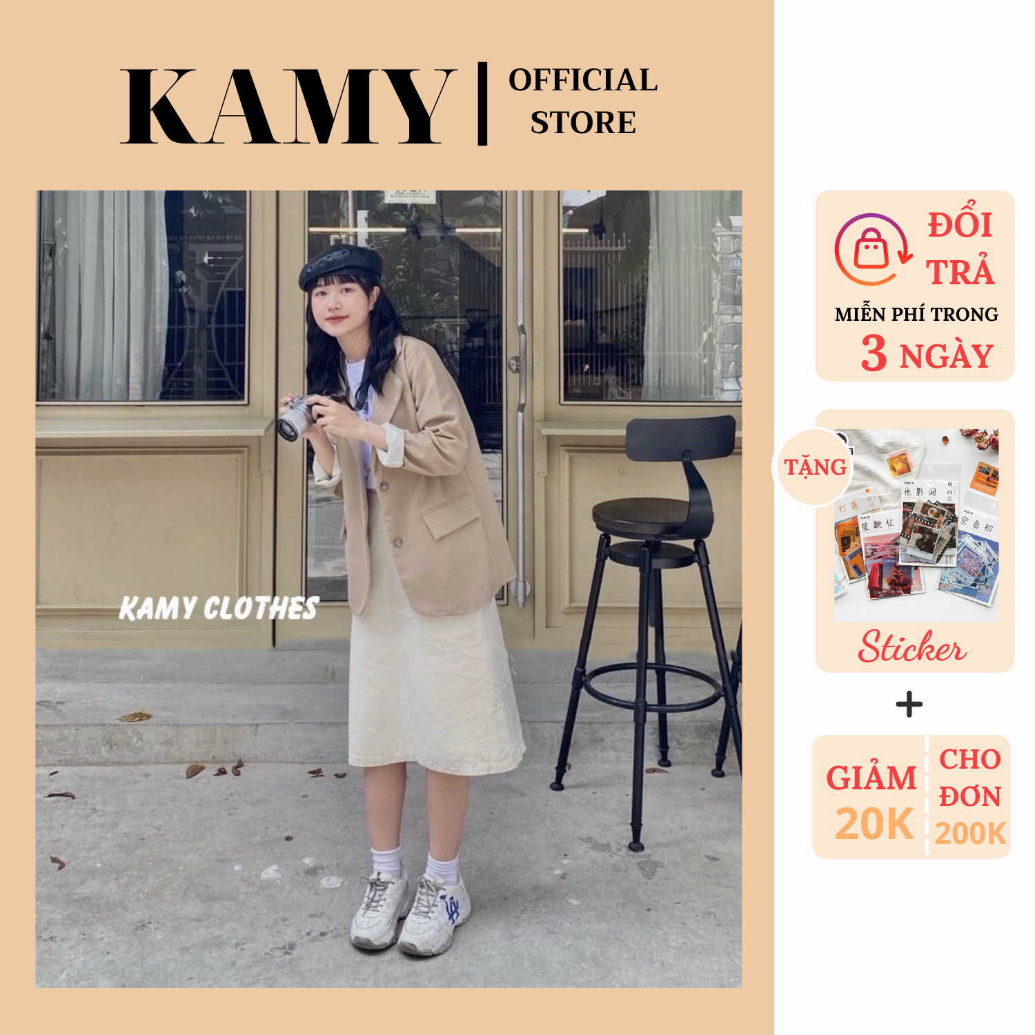 Áo Blazer nữ 2 lớp Hàn Quốc màu nâu tây, Áo khoác vest nữ Hàn Quốc màu be 2 túi dán Freesize Kamy Clothes