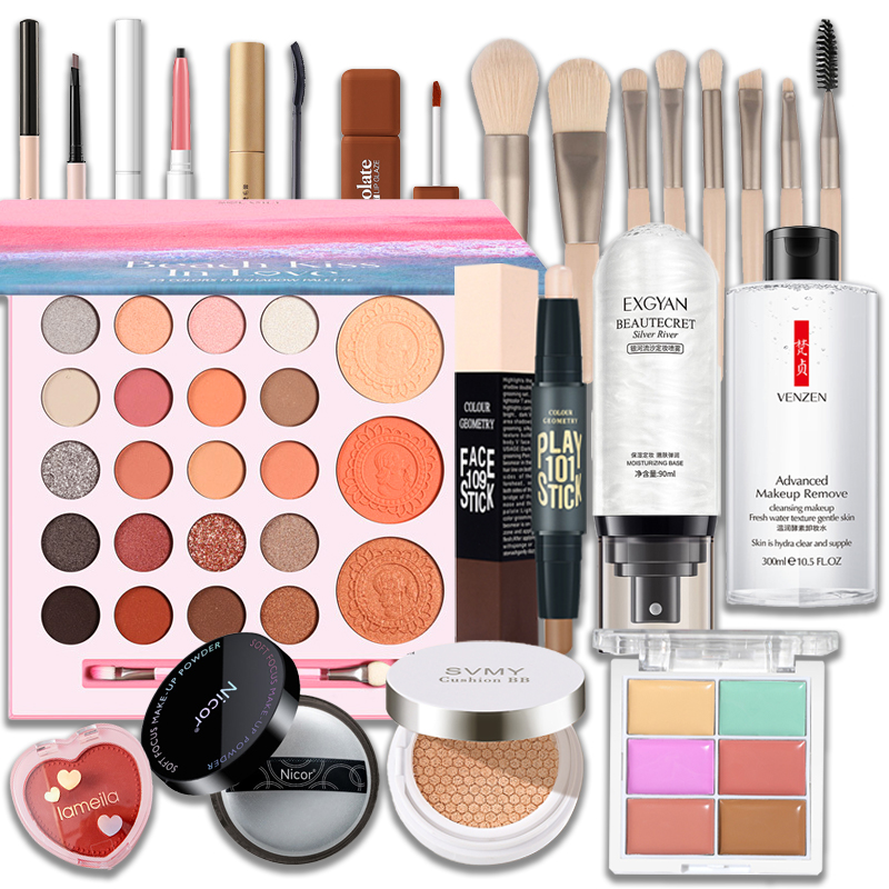 [HCM]Bộ 13 cái Bộ trang điểm  Bộ hoàn chỉnh Bộ mỹ phẩm dành cho người mới bắt đầu Cô gái trang điểm nhẹ không thấm nước Đồng phục sinh viên tông màu da Kem che khuyết điểm Hộp đựng cọ trang điểm miễ