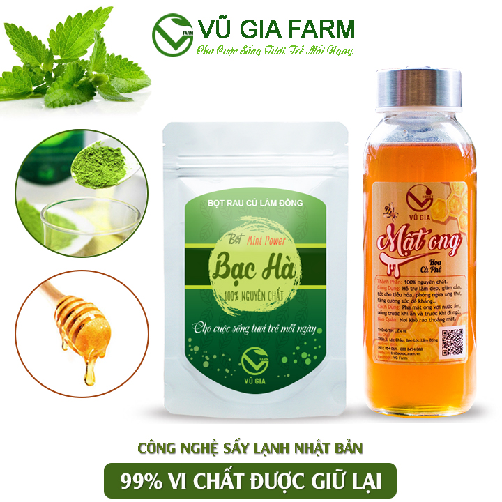 Combo Mật Ong Hoa Cà Phê 420g + Bột Bạc Hà Sấy Lạnh 50g - Nguyên Chất Vũ Gia  - Hỗ trợ mụn ở mặt và cả lưng, giảm sưng do mụn, trắng da, tẩy tế bào chết, giảm nhờn, se khít lỗ chân lông
