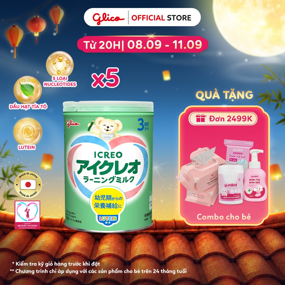 (ICREO SỐ 3) Combo 5 Lon Thực Phẩm Bổ Sung Sữa Dinh Dưỡng GLICO ICREO LEARNING MILK cho bé từ 3 tuổi trở lên (Số 3 - 5Lon x 820g/Lon)