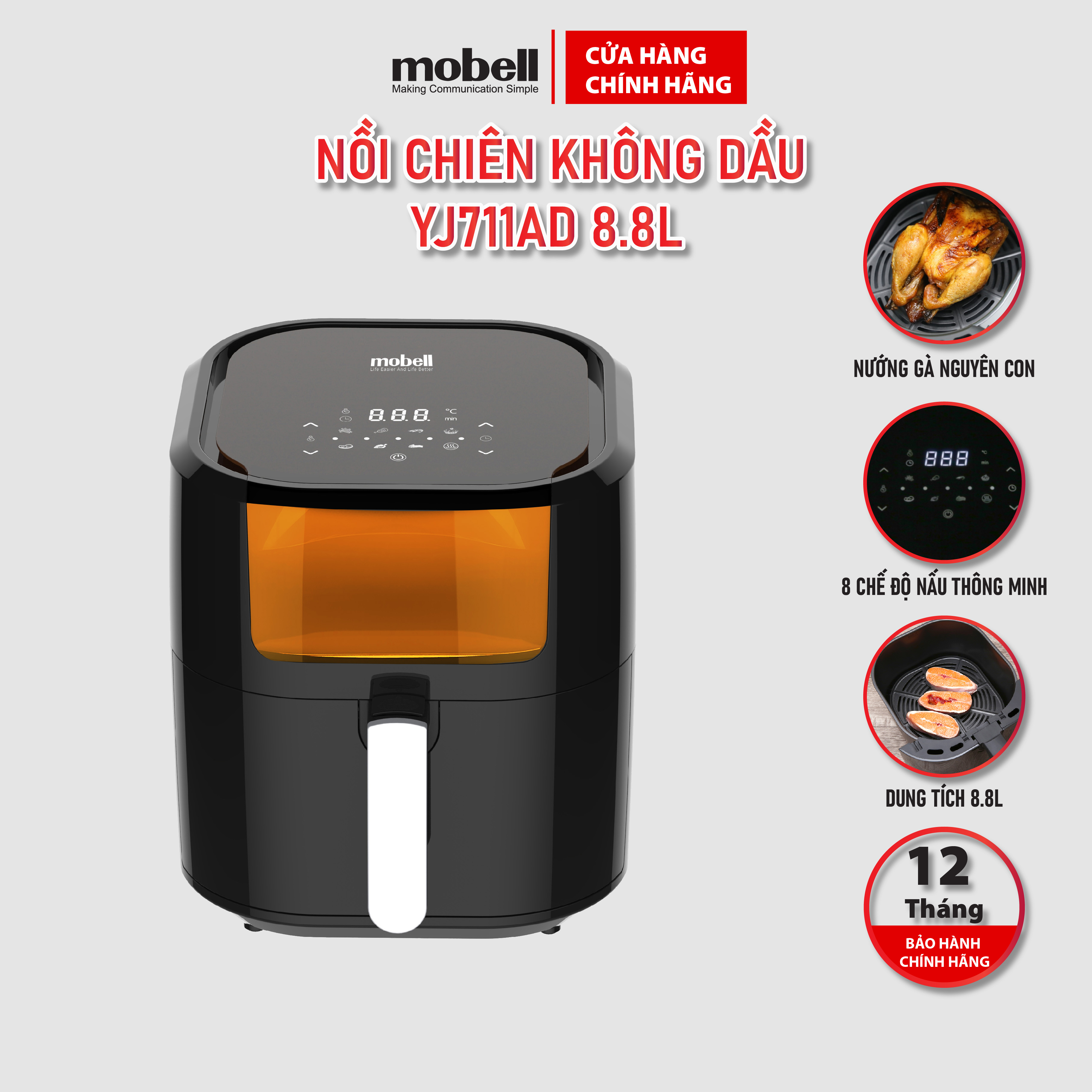 Nồi chiên không dầu 8.8l yj-711ad-ol thương hiệu mobell bảo hành 12 tháng công suất 1800w