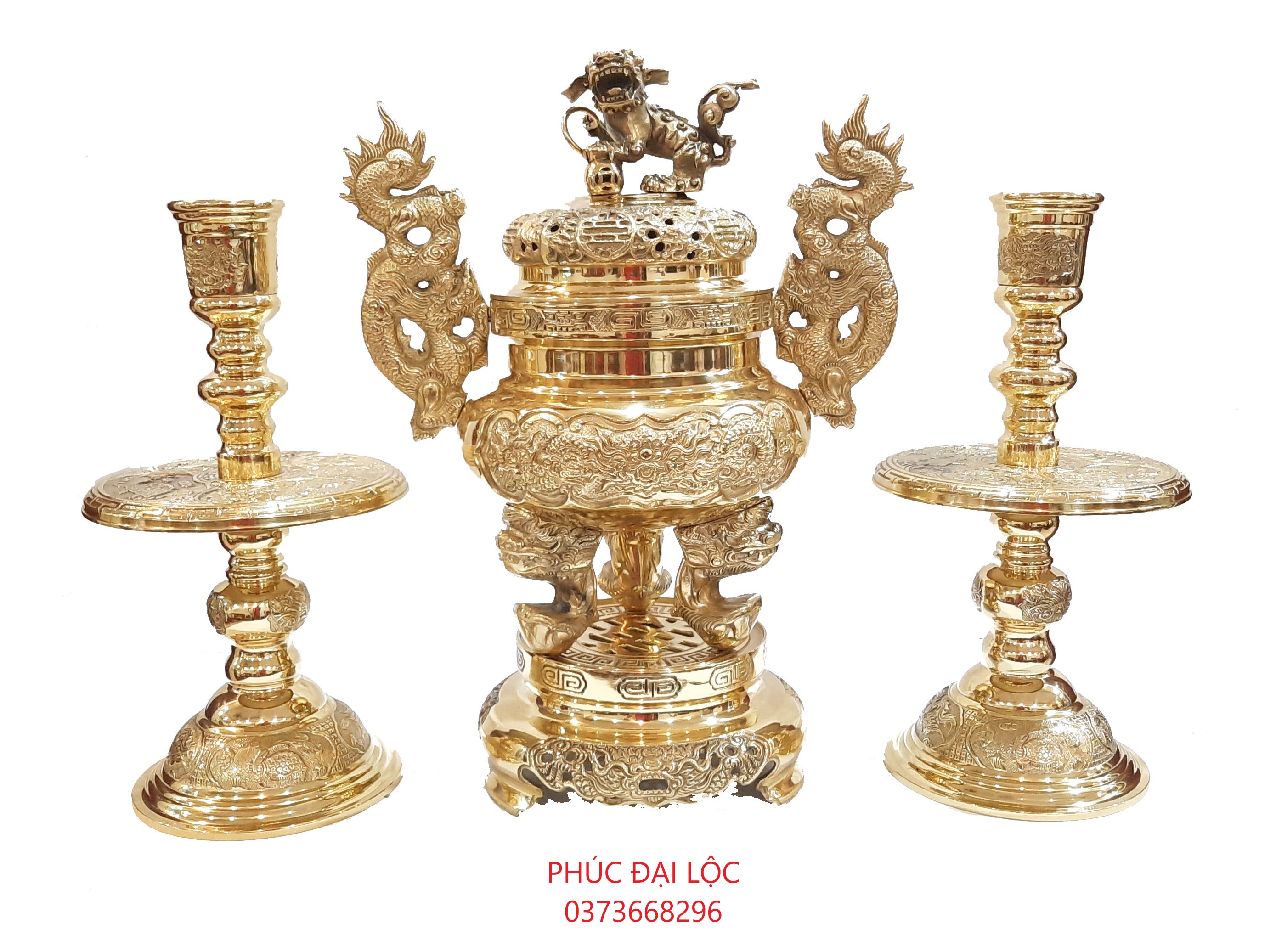 Đồ thờ Tam sự Đức Thúy số 3 đỉnh tròn cao 48 cm màu vàng bóng