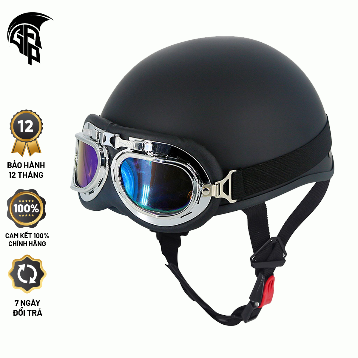 Mũ bảo hiểm 1/2 đầu VARO đen nhám tặng kèm kính phi công cao cấp