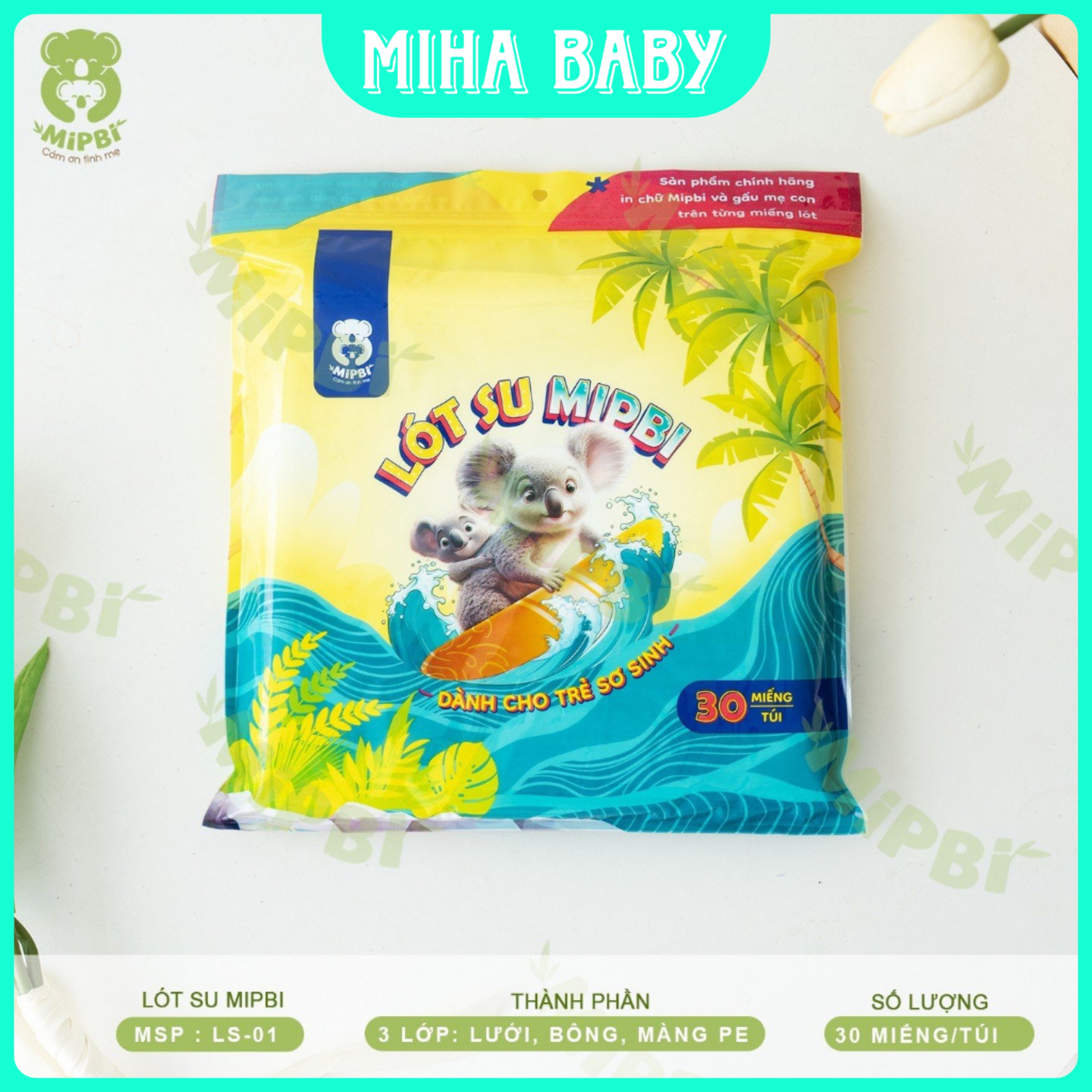 LÓT PHÂN SU sơ sinh Mipbi gói 30 miếng, an toàn tiện lợi siêu tiết kiệm cho mẹ và bé