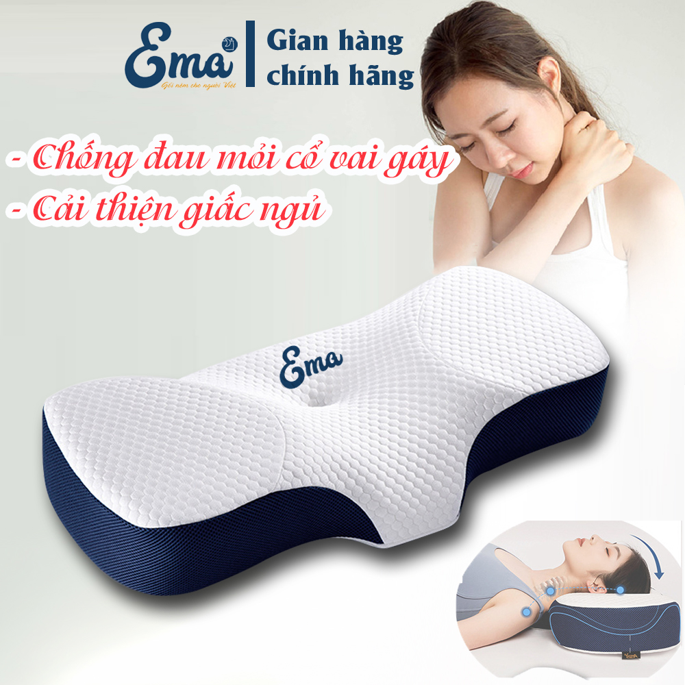 Gối công thái học EMA - Ruột cao su non Kích thước 67x35x12cm, Chống đau cổ vai gáy, Gối cao su non người lớn