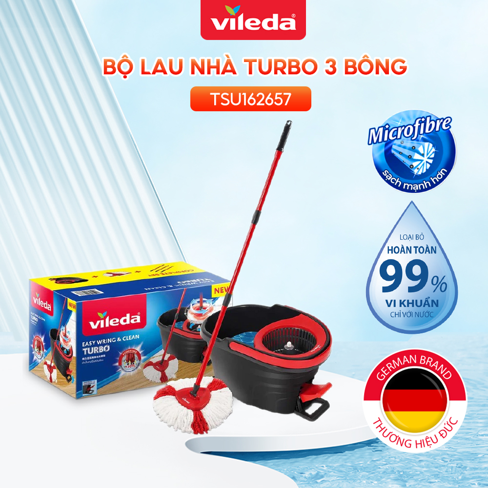 Bộ Cây lau nhà xoay 360 độ VILEDA Turbo Easy Wring&Clean đầu lau tam giác, xô giặt quay bằng chân, bông lau bằng vải sợi microfibre cao cấp - thêm 2 bông lau TSU162657