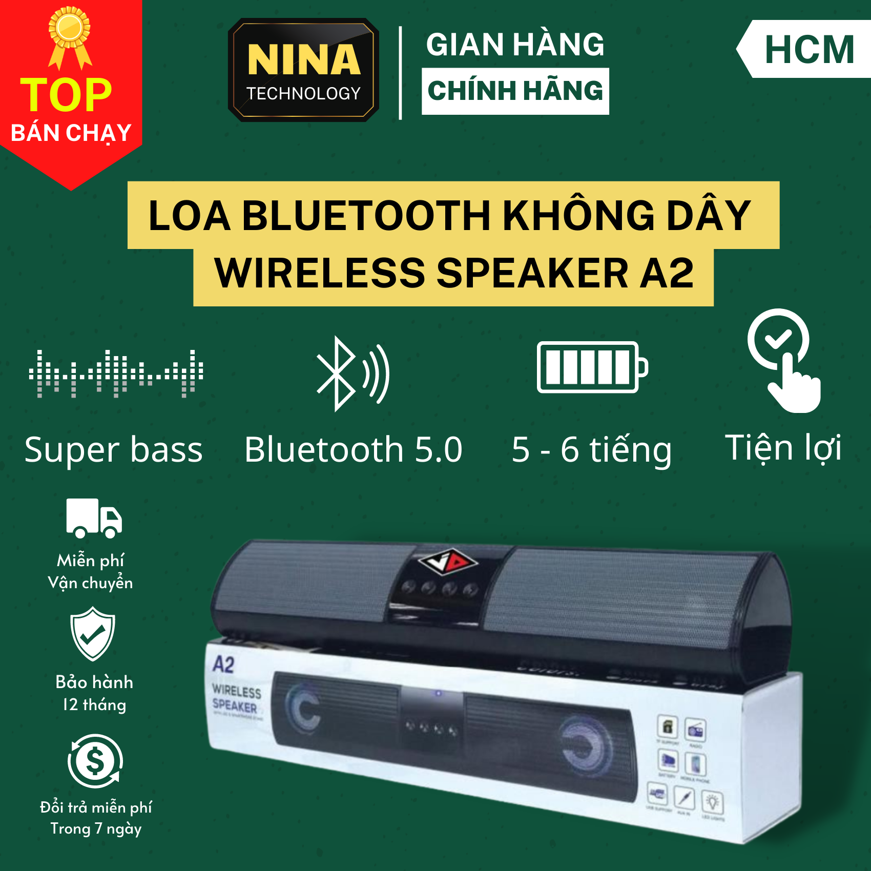 Loa Bluetooth Không Dây A2 Dáng Dài Có Đèn Led, Âm Thanh Hay, Bass Khỏe, Loa Bloutooth mini bass mạnh âm thanh lớn hát karaoke, loa bloutooth công suất lớnloa bluetooth bass mạnh 1000w, loa buotooth nghe nhạc