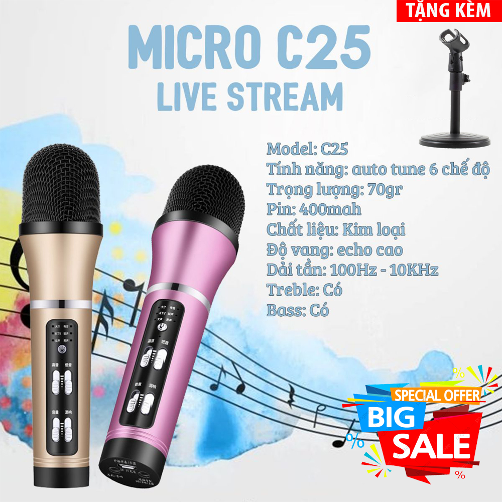Micro thu âm C25, Mic hỗ trợ livestream, thu âm, karaoke online không cần soundcard - Autotune, Tương thích với mọi điện thoại thông minh - Hát cực hay, giá cực tốt, BH uy tín 1 đổi 1.