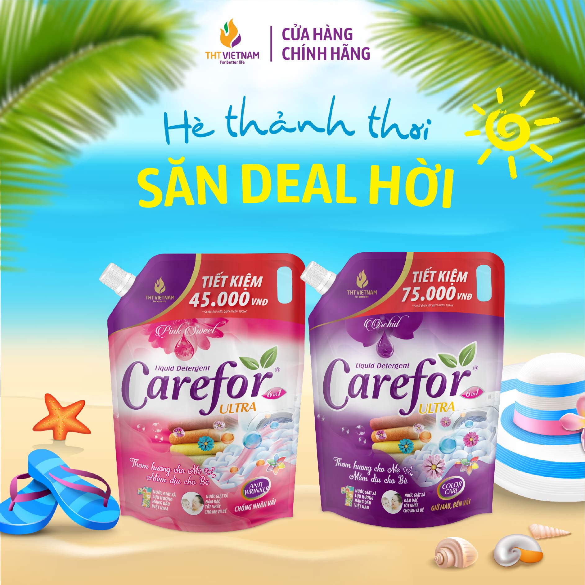 Combo 2 túi nước giặt xả đậm đặc Carefor 2 Lít - Hương hoa hồng/Hương hoa lan