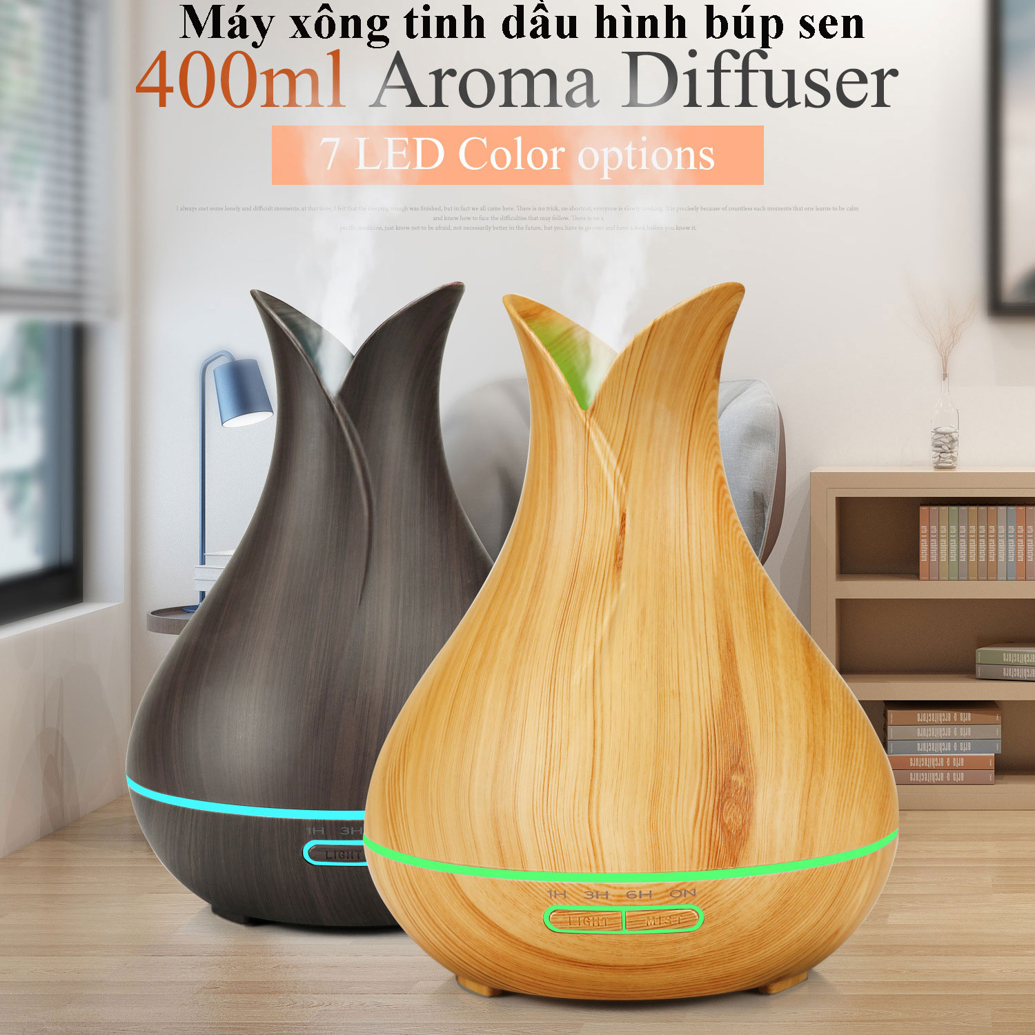 Đèn xông tinh dầu, Máy phun sương mini, Máy khuếch tán tinh dầu siêu âm, máy xông tinh dầu, máy tạo độ ẩm không khí, Máy khuếch tán tinh dầu hình búp sen có điều khiển cầm tay, đèn 7 màu thay đổi, chế độ hẹn giờ. Bảo hành 1 đổi 1