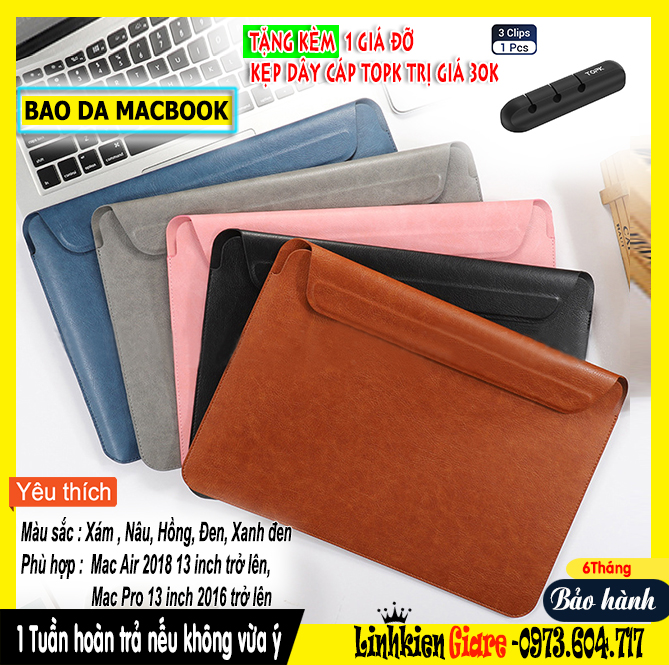 [MUA 1 TẶNG 1] Bao da Macbook Air - Pro 11 - 13.3 inches 2018 trở đi - Tặng kèm 1 giá đỡ kẹp dây cáp TOPK