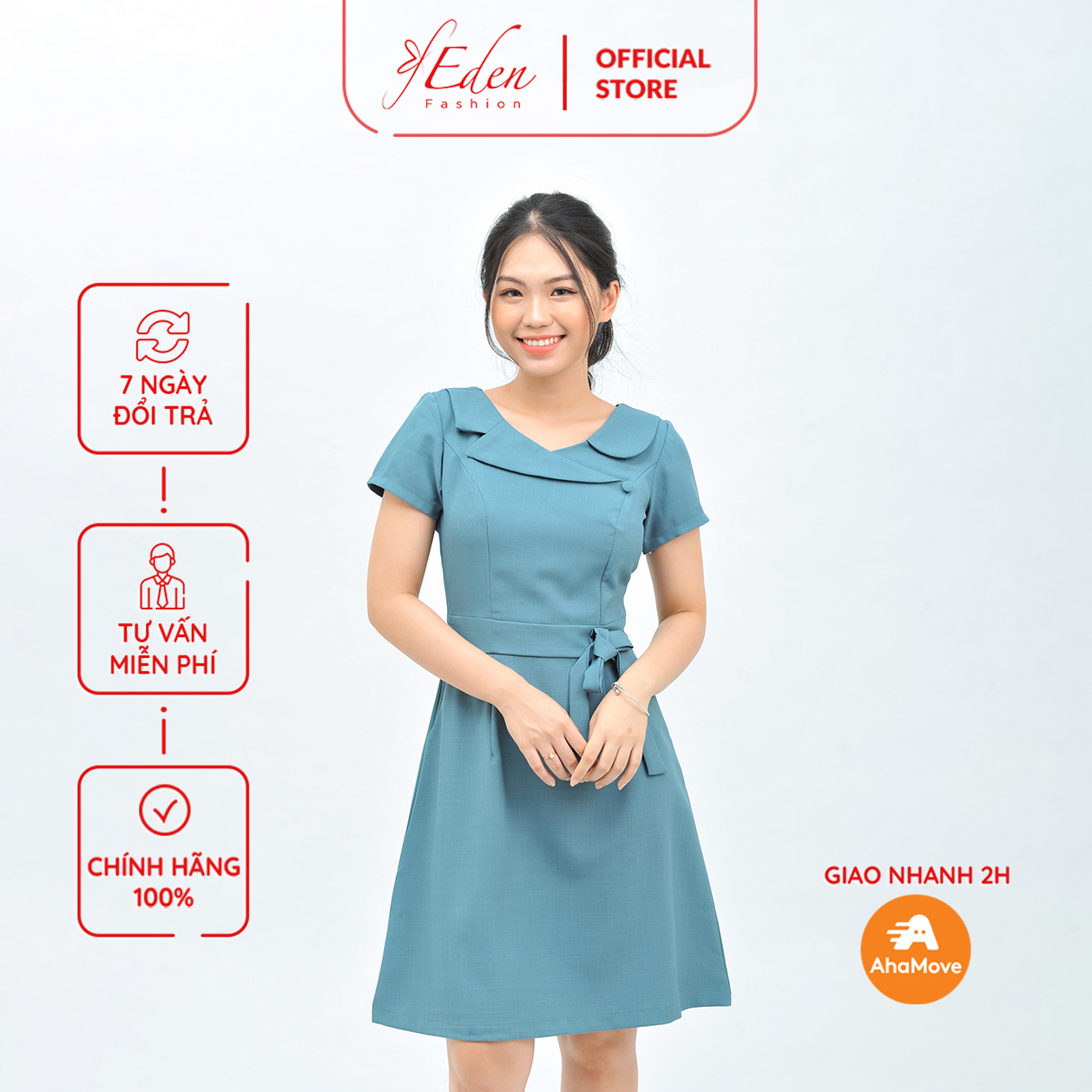 Váy đầm chữ a công sở nữ thiết kế thời trang Eden tay ngắn có túi chất liệu co giãn nhẹ thoáng mát - D414