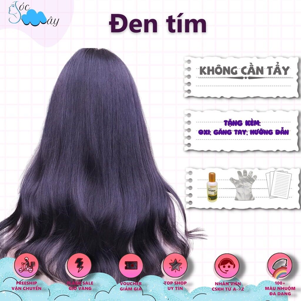 Combo nhuộm tóc màu đen tím, tím đen thuốc nhuộm tóc không cần tẩy tặng oxi và gang tay