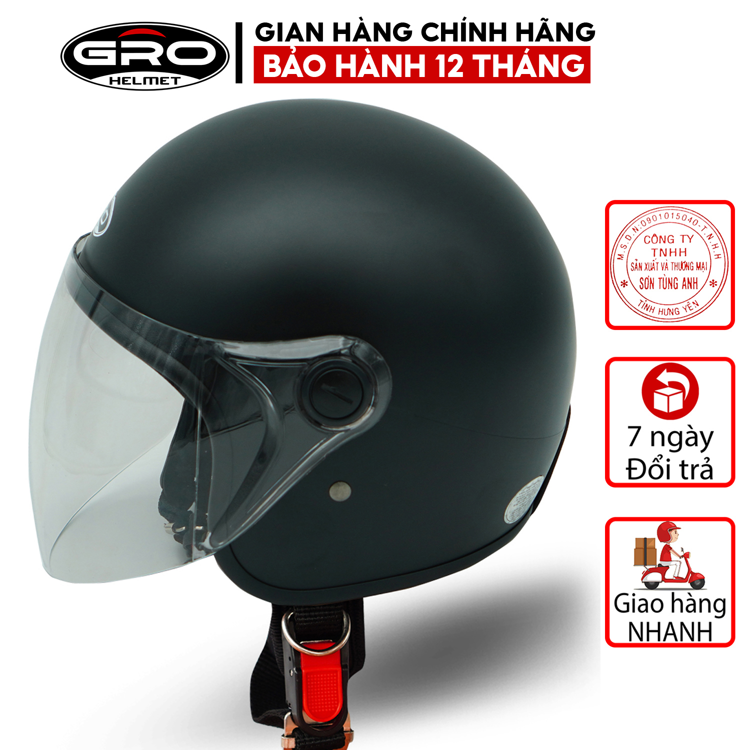 Mũ Bảo Hiểm 3 4 đầu GRO Helmet T818 có kính dài che cả mặt