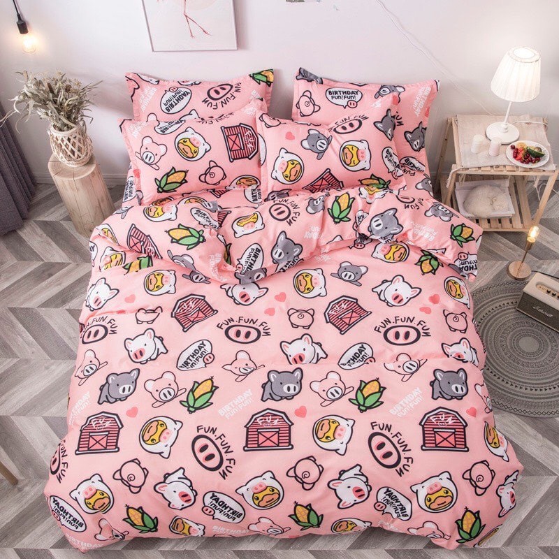 Set 5 món vỏ chăn ga gối cotton mẫu heo hồng