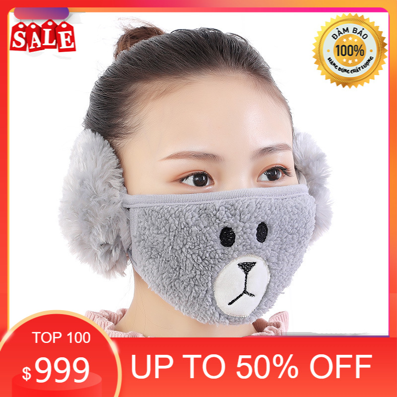 Khẩu trang chống bụi cao cấp-set 2 chiếc khẩu trang bịt tai người lớn giữ ấm hình gấu