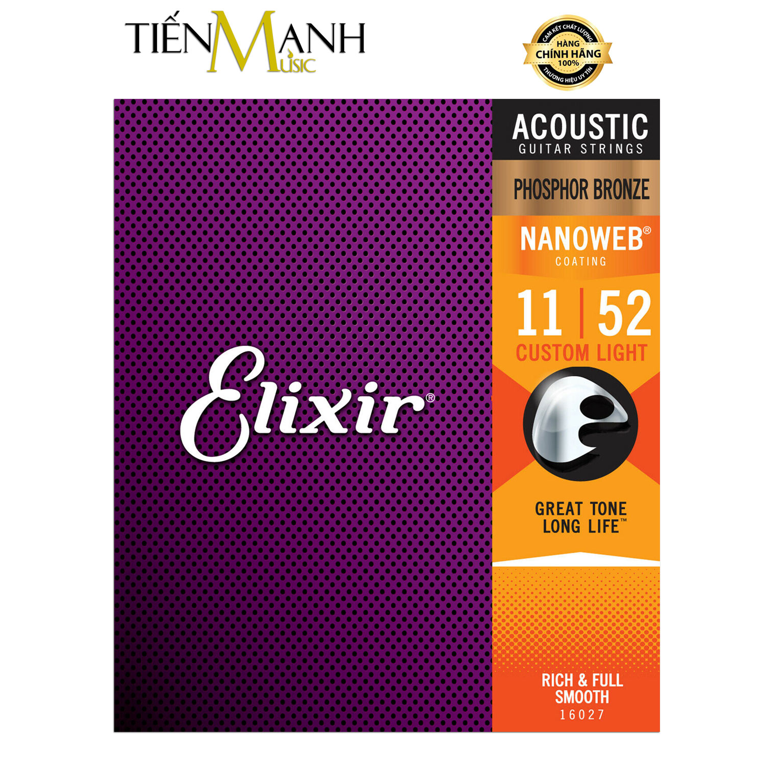 Elixir 16027 - Dây Đàn Acoustic Guitar Cỡ 11 (.011-.052) Phosphor Bronze Strings Custom Light - Hãng phân phối chính thức