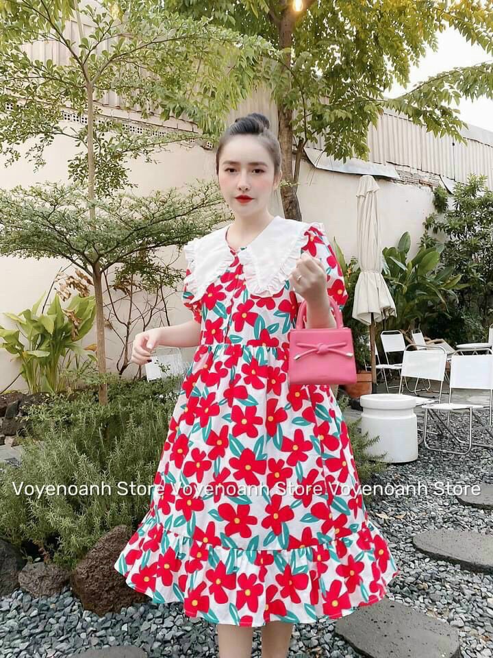 Đầm babydoll hoa đỏ đi biển dạo phố cổ bèo dễ thương, đầm bầu hoa nhí cổ sen tay búp xinh xắn, đầm hoa nhí cổ cánh sen tay lỡ màu sắc rực rỡ cute siêu xinh mtb