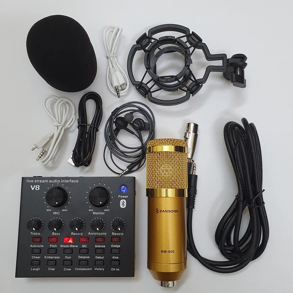 combo Bộ Míc Thu Âm Livestream Hát Karaoke Online Micro ZANGSONG BM-900 CARD V8 Bluetooth Tặng Tai Nghe AKG