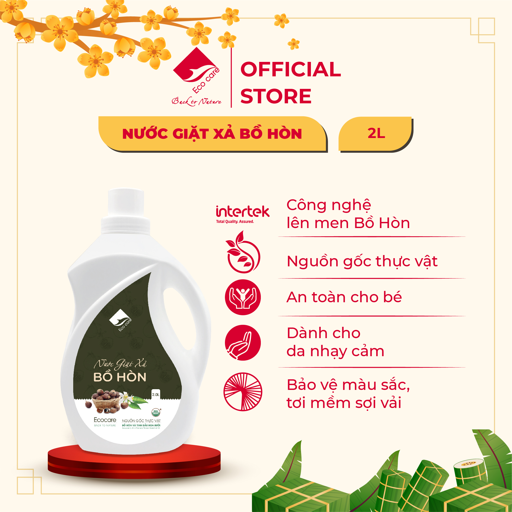 Nước Giặt Xả Hữu Cơ Bồ Hòn ECOCARE Kết Hợp Tinh Dầu Hoa Bưởi, Giặt Xả An Toàn Với Mọi Loại Vải 1L-2L-4L