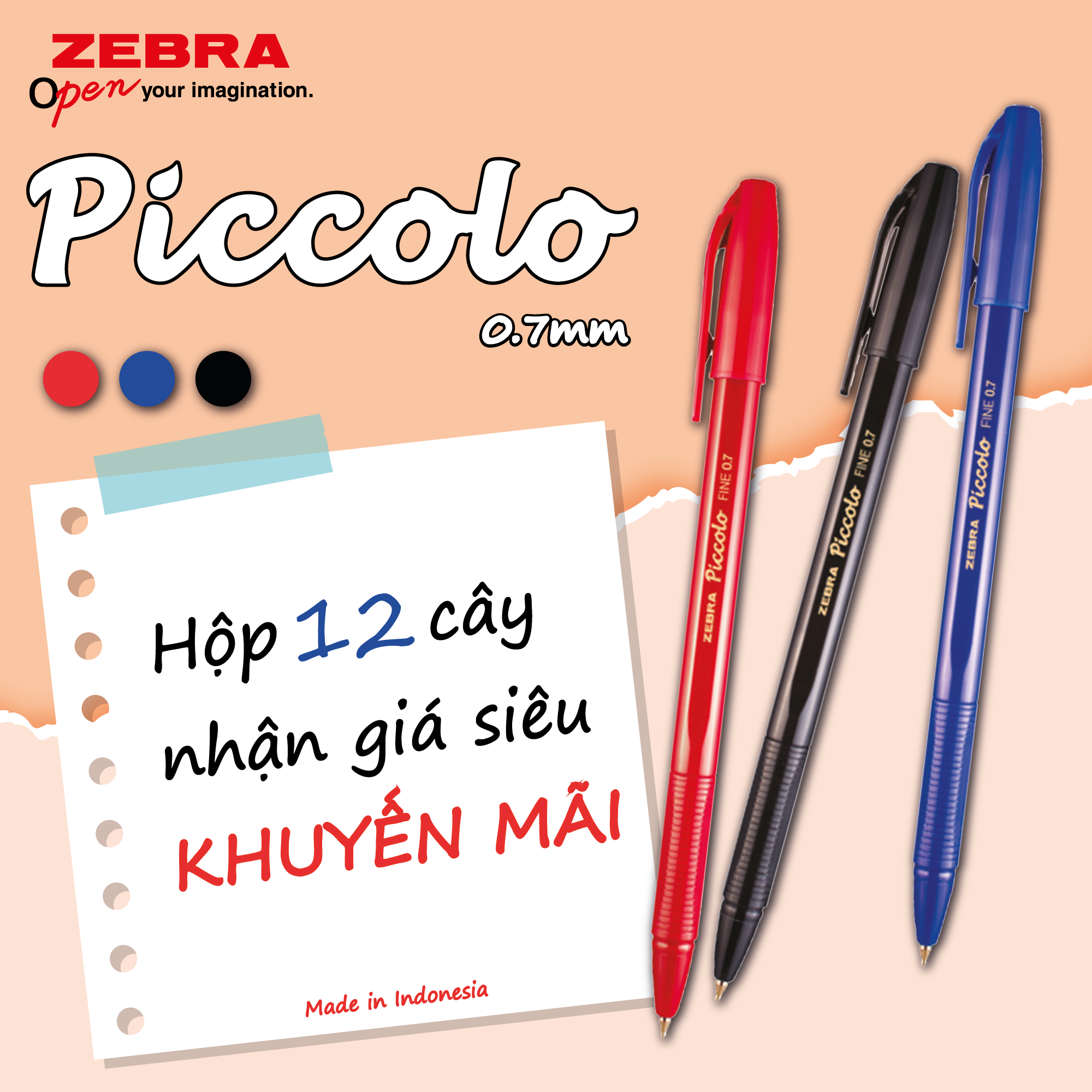 Viết bi nắp Piccolo 0.7mm xanh/đen/đỏ - Zebra
