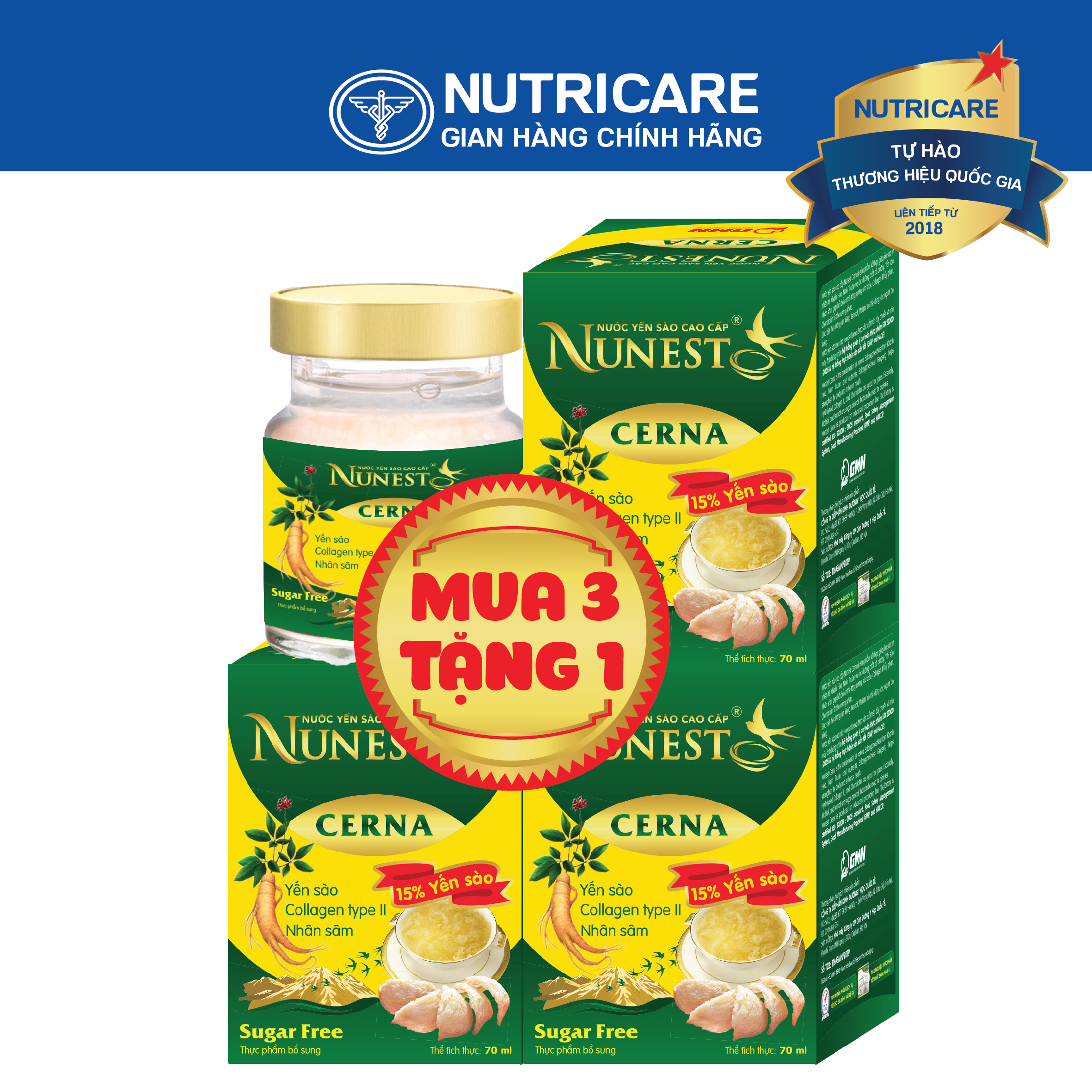 Nước yến sào Nunest Cerna - loại 70ml - Mua 3 lọ tặng 1 - Bồi bổ sức khỏe, hỗ trợ kiểm soát đường huyết