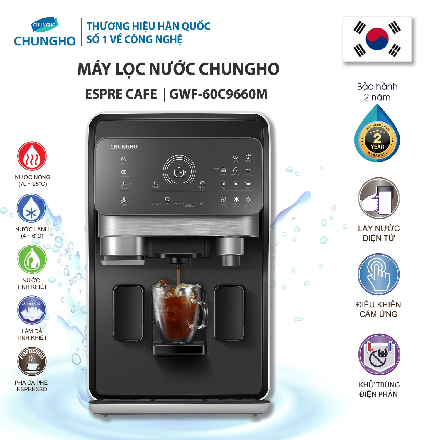 Máy lọc nước ChungHo Espre Cafe GWF-60C9660M Máy lọc nước có chức năng nóng lạnh, máy làm đá, máy pha cafe, nhập khẩu Hàn Quốc, bảo hành 24 tháng