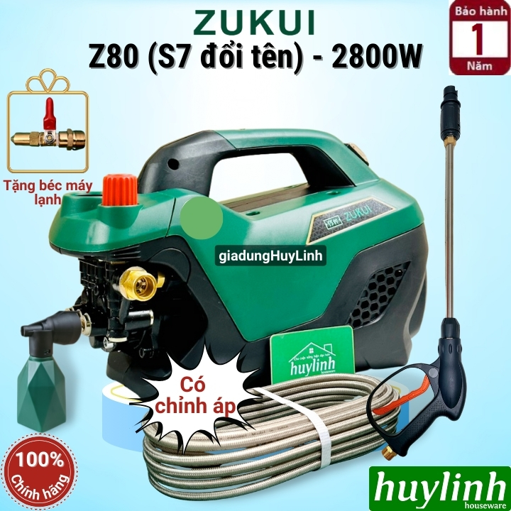 Máy xịt rửa xe Chỉnh Áp Zukui Z80 (S7 đổi tên) - 2800W - Tặng béc rửa máy lạnh - Motor cảm ứng từ - Tự động hút nước