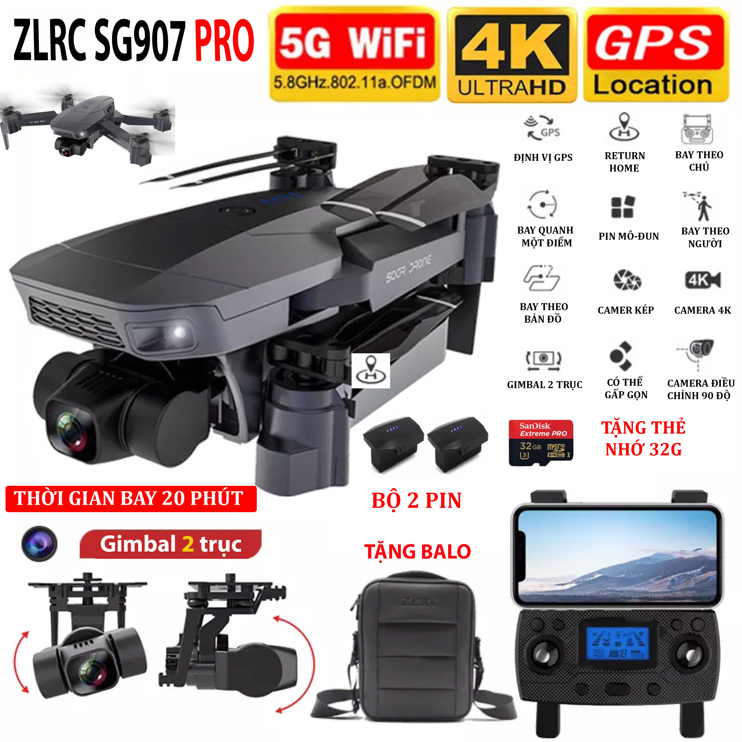 [Trả góp 0%](NEW 2020-TẶNG BALO) - ( BỘ 2 PIN + THẺ NHỚ 32G)Máy bay Flycam SG907 PRO động cơ KHÔNG CHỔI THAN - Camera 4K HD - Gimbal 2 TRỤC - ZOOM 50X thời gian bay 20 phút  - BẢO HÀNH 6 THẮNG