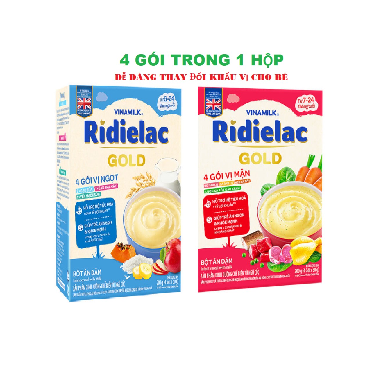 Bột Ăn Dặm RIDIELAC GOLD 4 gói vị ngọt, hộp giấy 200gr, (4 gói * 50gr), dành cho trẻ từ 6 tháng tuổi