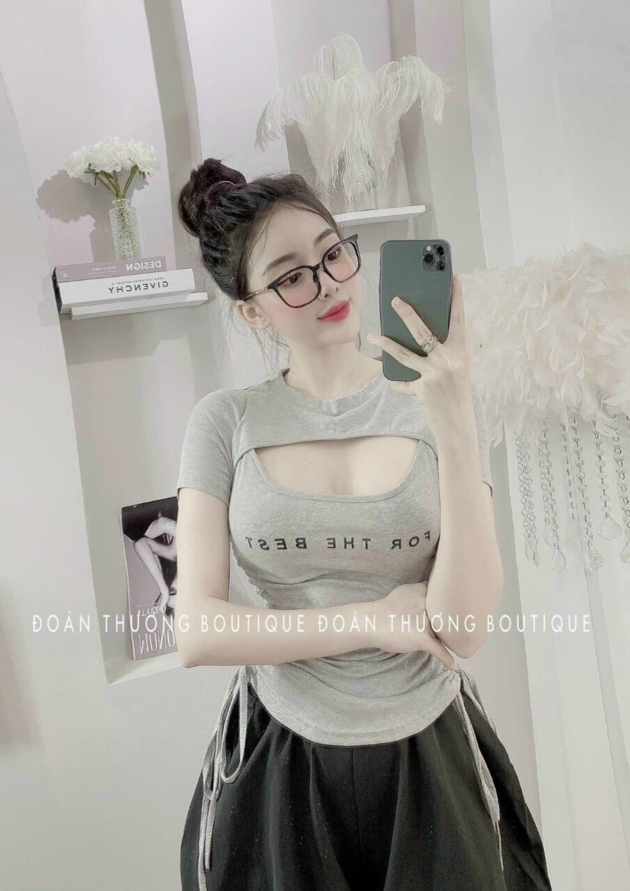 Áo Thun Body Nữ Tay Ngắn Khoét Ngực Phối Dây Rút Hai Bên Eo Duyên Dáng