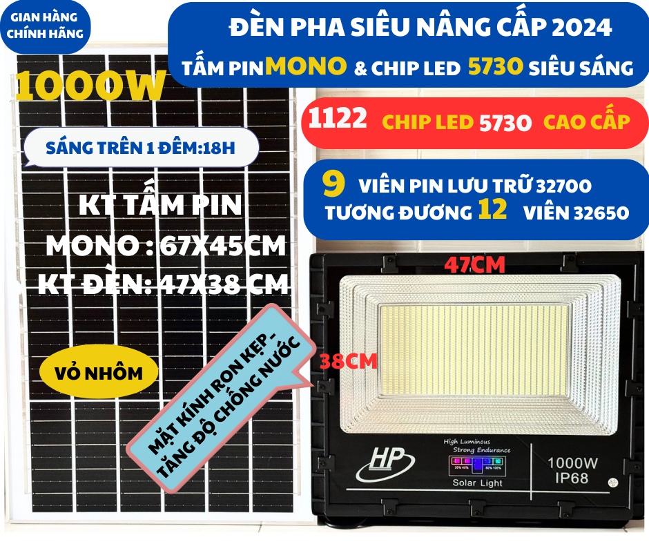 [HCM]Đèn Pha Năng Lượng Mặt Trời 200W, 300W Sáng Vỏ Nhôm Đúc. Bảo hành 24 tháng. Sáng liên tục 8h-12h