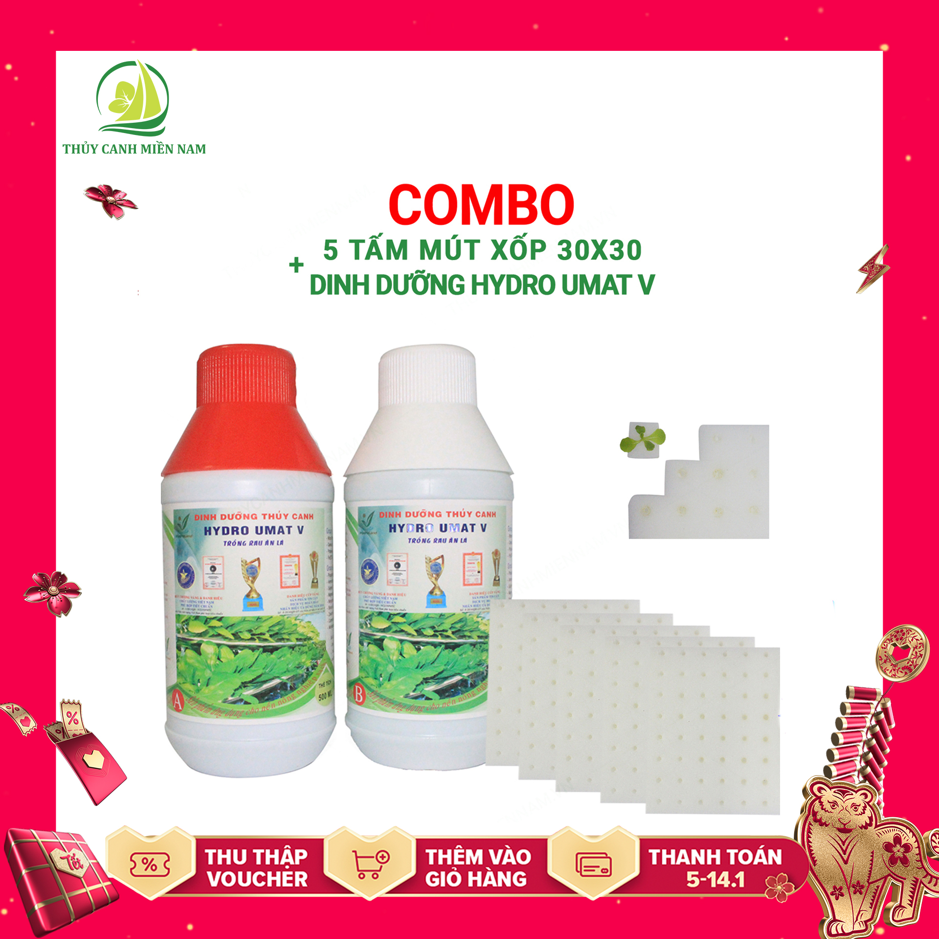 Combo 1 cặp dinh dưỡng rau ăn lá + 5 tấm mút xốp 30x30 tặng hạt giống