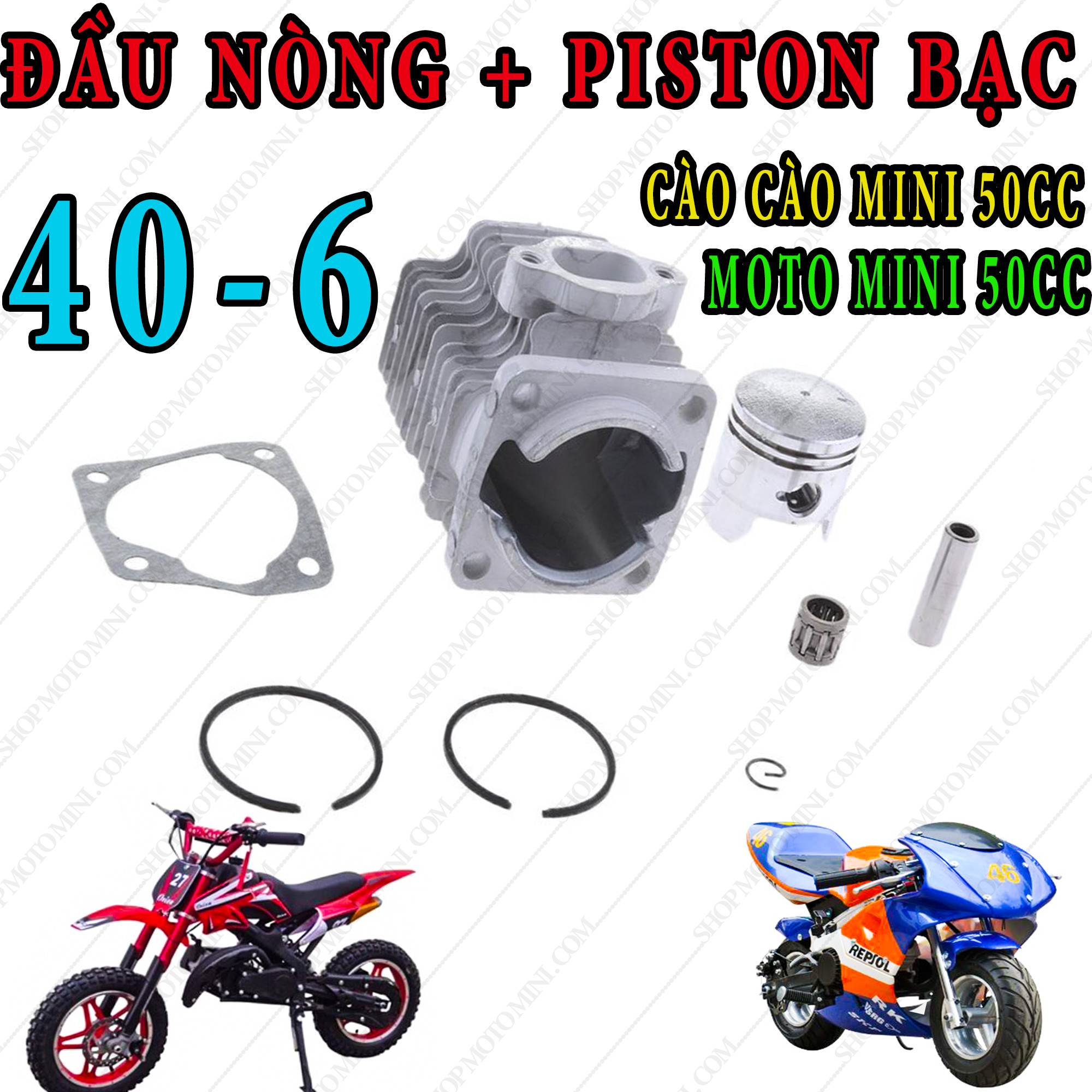 Đầu nòng piston bạc moto mini 50cc | Cụm cối bộ hơi xe cào cào mini 49cc | Bộ nòng pittong bạc