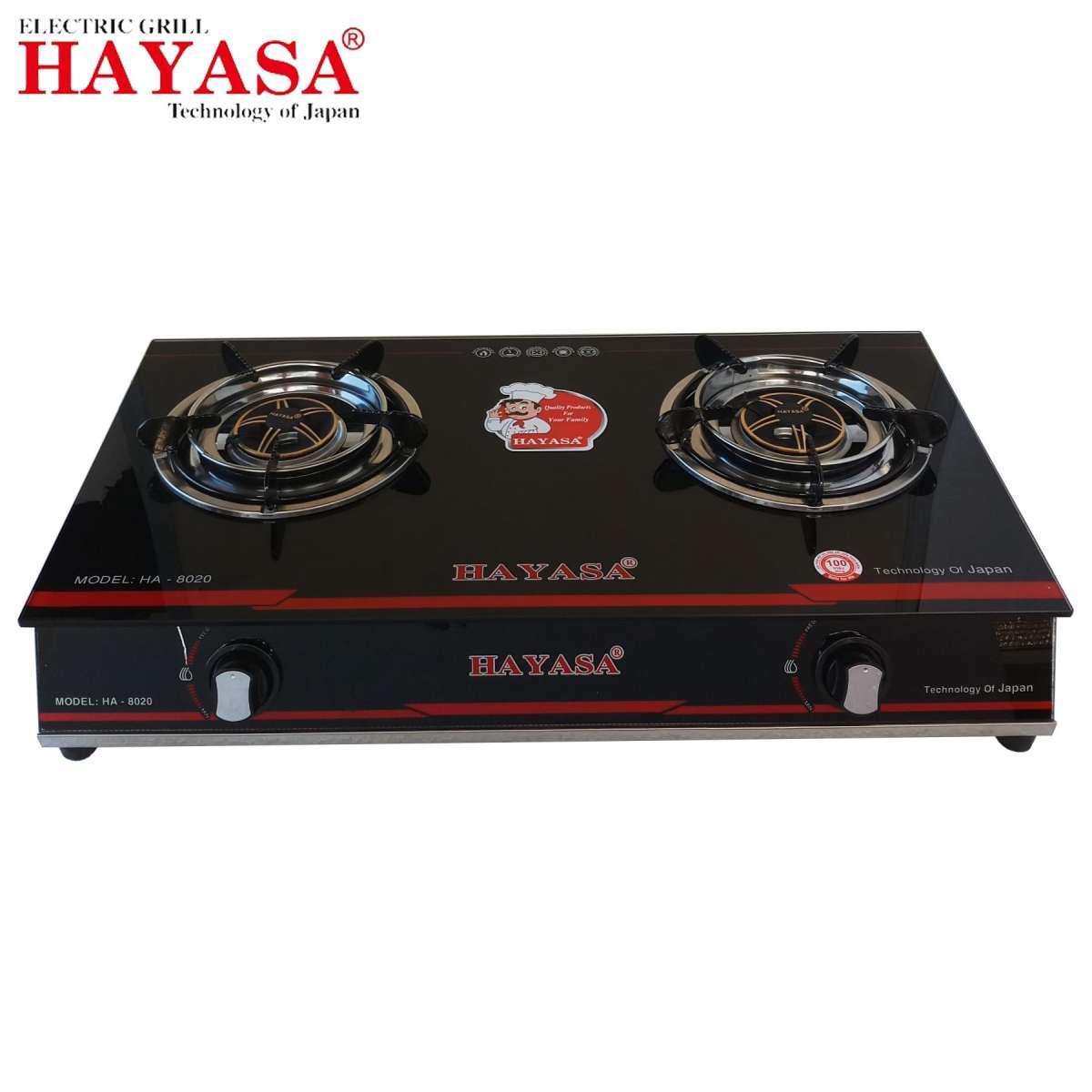 Bếp gas đôi dòng cao cấp 2 mặt kiếng hayasa ha-8020 điếu hộp inox 304 chén đồng đen