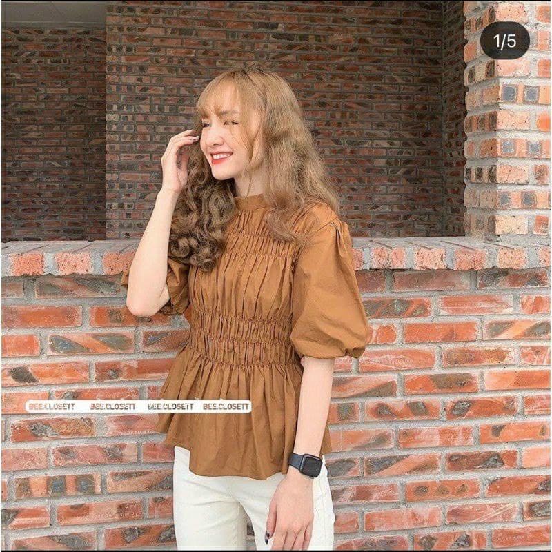 Áo sơ mi cổ trụ dáng peplum tay phồng thanh lịch sang trọng 1132A31MC
