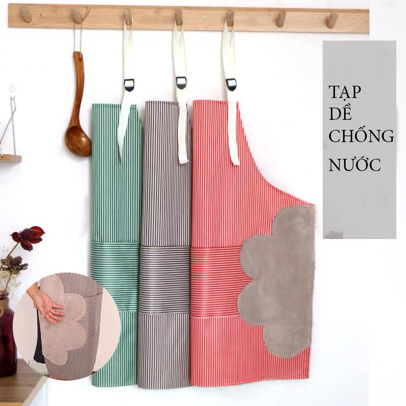 Tạp dề kẻ kèm khăn lau tay chống thấm nước, tạp dề nhà bếp hình hoa, tạp dề hoa, tạp dề 2in1, có thiết kê khăn lau tay