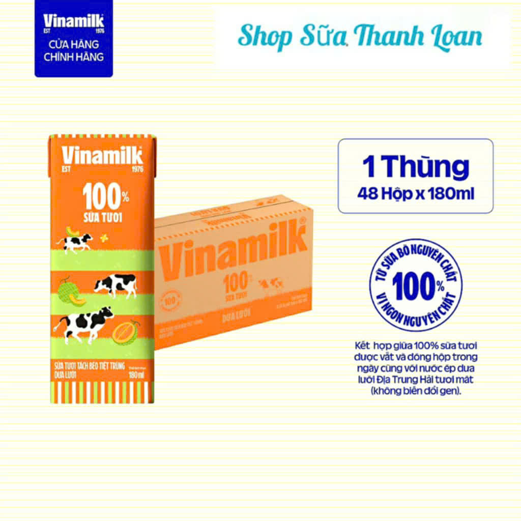 (HSD T7-2026) Thùng 24/ 48 Hộp Sữa Tươi Tiệt Trùng Vinamilk Tách béo Dưa Lưới 180ml.