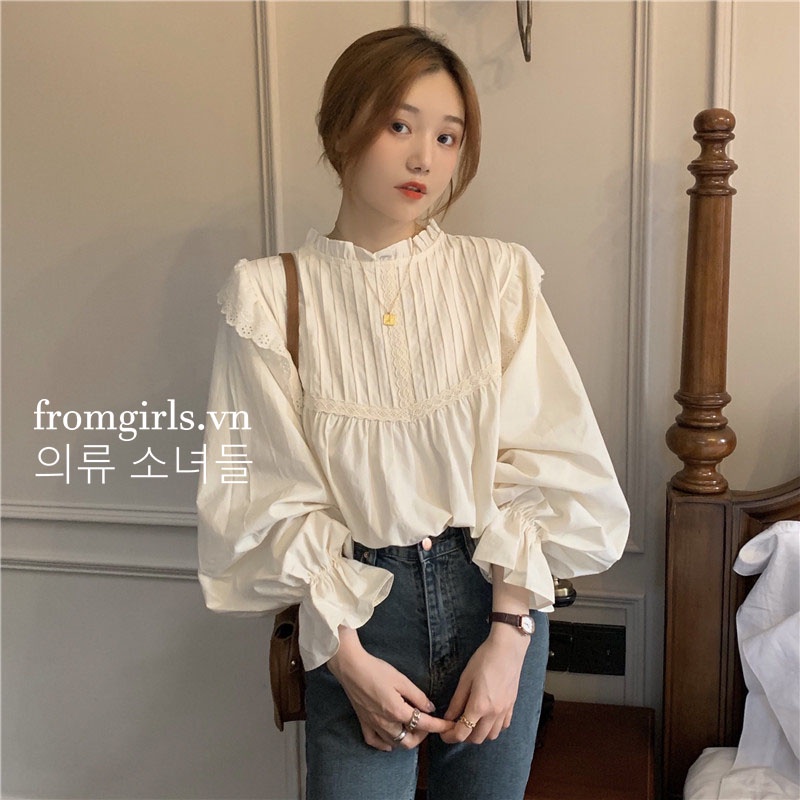 Áo sơ mi cánh tiên, áo babydoll tay phồng cổ ren tiểu thư vải thô mát