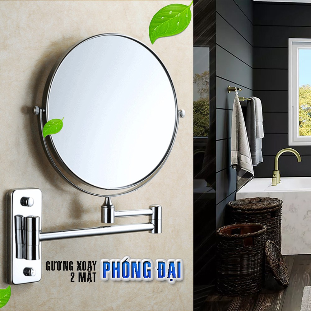 Gương trang điểm, gương nhà tắm, gương wc có đèn led inox 2 mặt phóng đại xoay 360 độ gắn tường loại xịn