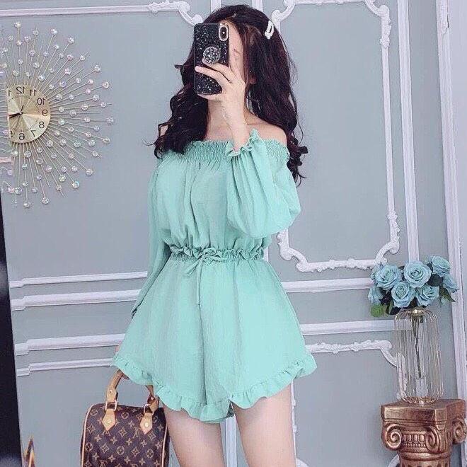 16S18B1 Set áo voan trễ vai quần bèo màu pastel dịu dàng