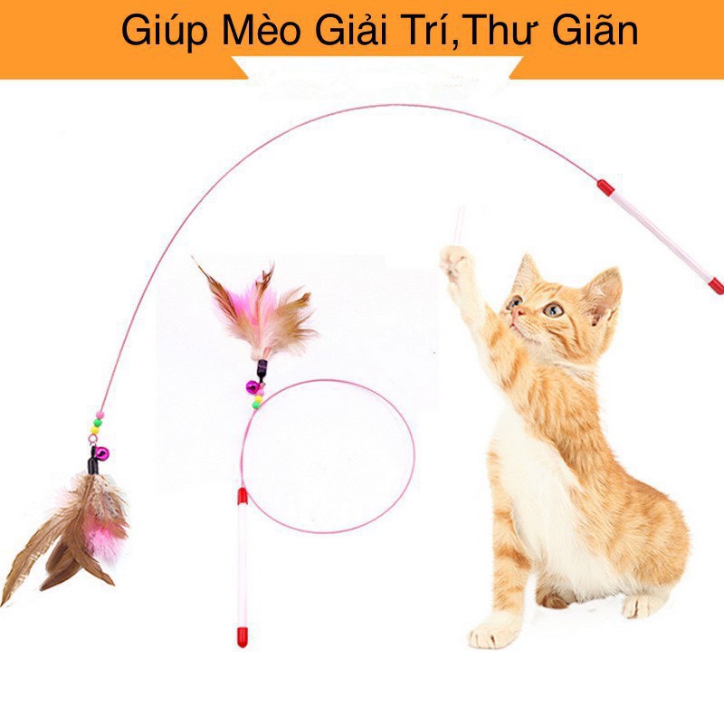 Đồ chơi mèo - Cần câu mèo dây thép gắn lông vũ, cần câu mèo hình con cá