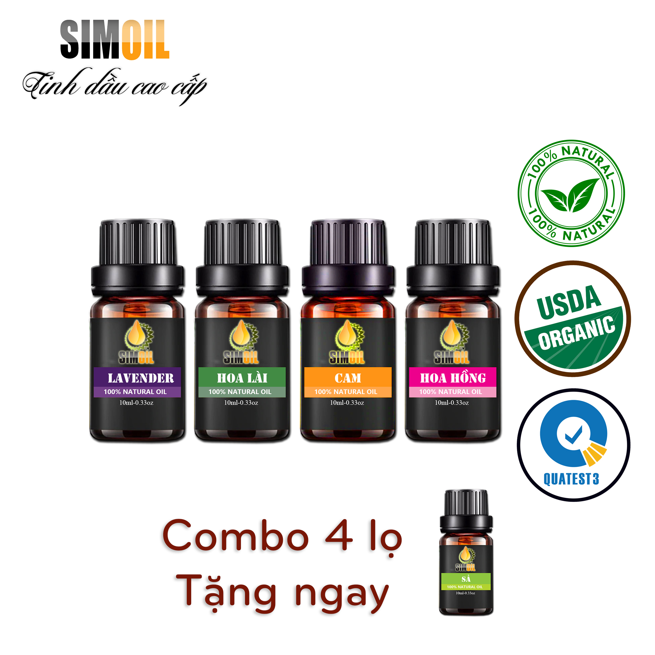 [Mua 4 tặng 1] Combo 4 lọ Tinh dầu thơm phòng cao cấp Hương Lavender, Hoa Lài, Cam, Hoa Hồng; Lọ 10ml, dùng cho máy xông tinh dầu, máy khuếch tán tinh dầu, máy tạo ẩm, máy phun sương, đuổi muỗi, khử mùi hiệu quả